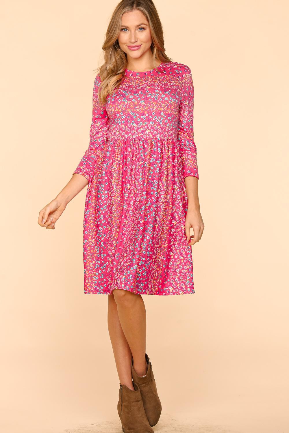 Round Neck Floral Short Dress with Pockets