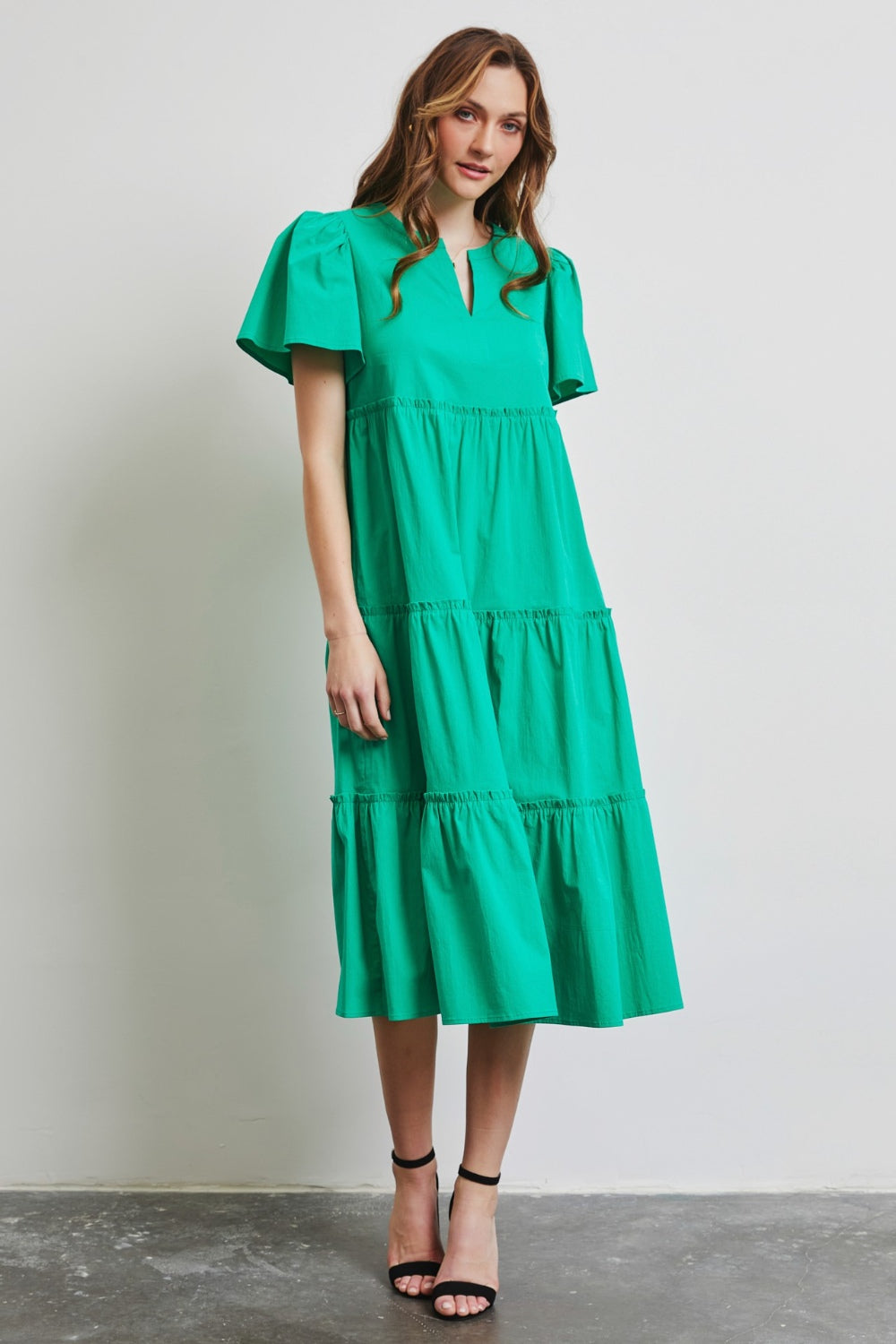 Full Size Cotton Poplin Ruffled Tiered Midi Dress