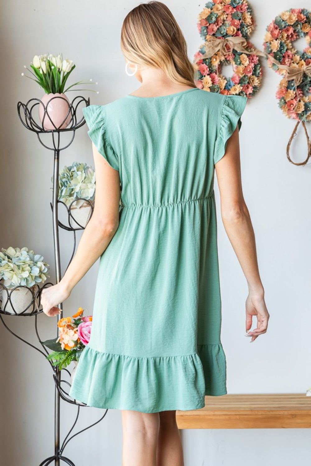 Full Size Short Sleeve V Neck Ruffled Hem Dress