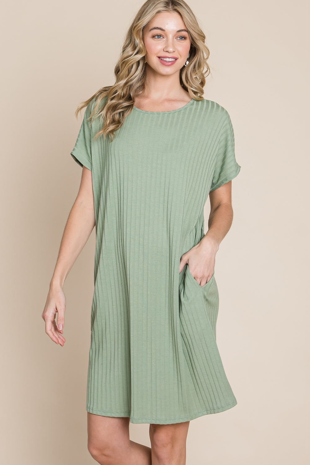 Ribbed Round Neck Short Sleeve Short Dress