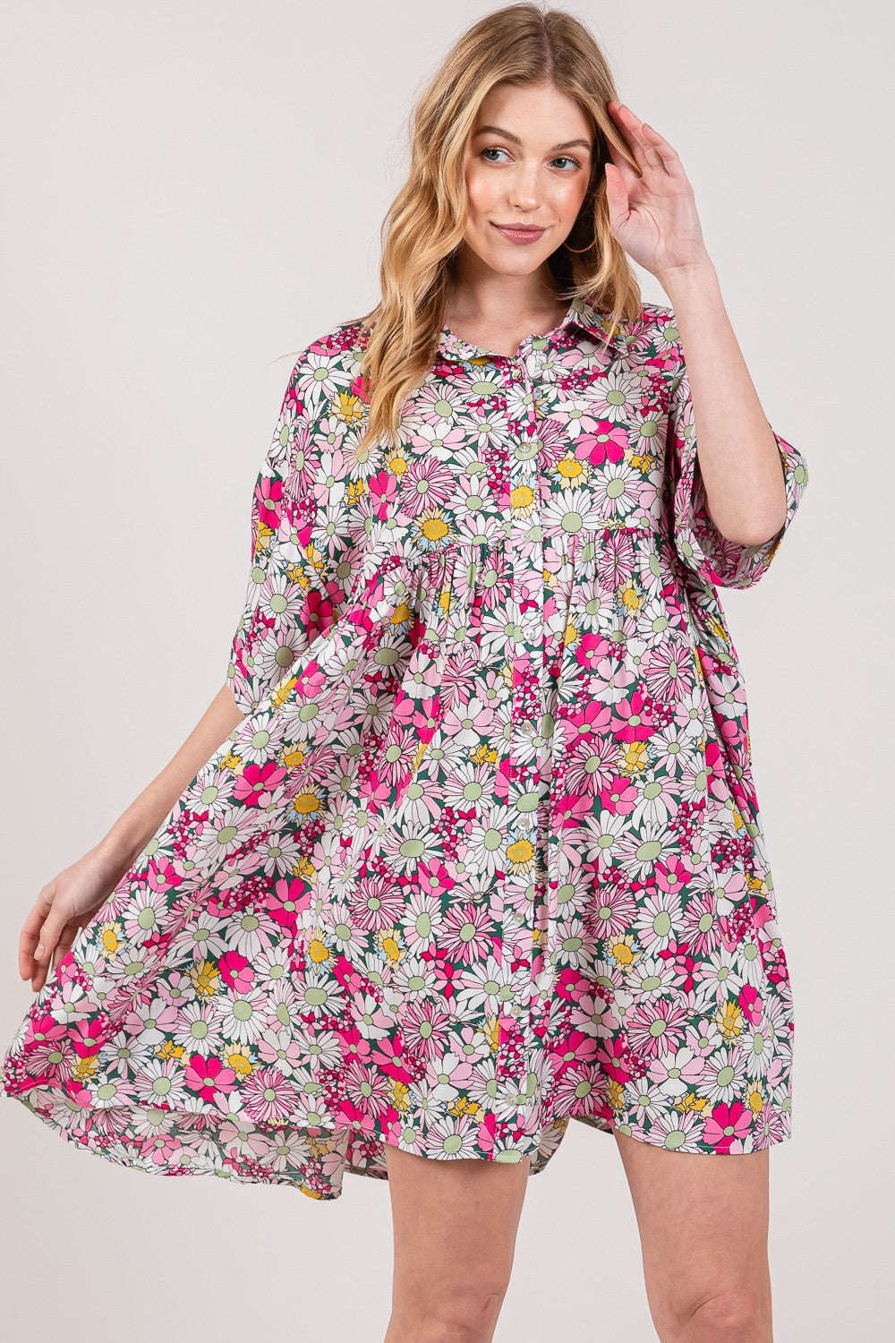 Multi Floral Button Down Shirt Short Dress