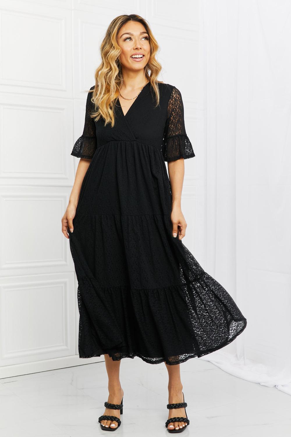 Black Lovely Lace Full Size Tiered Maxi Dress