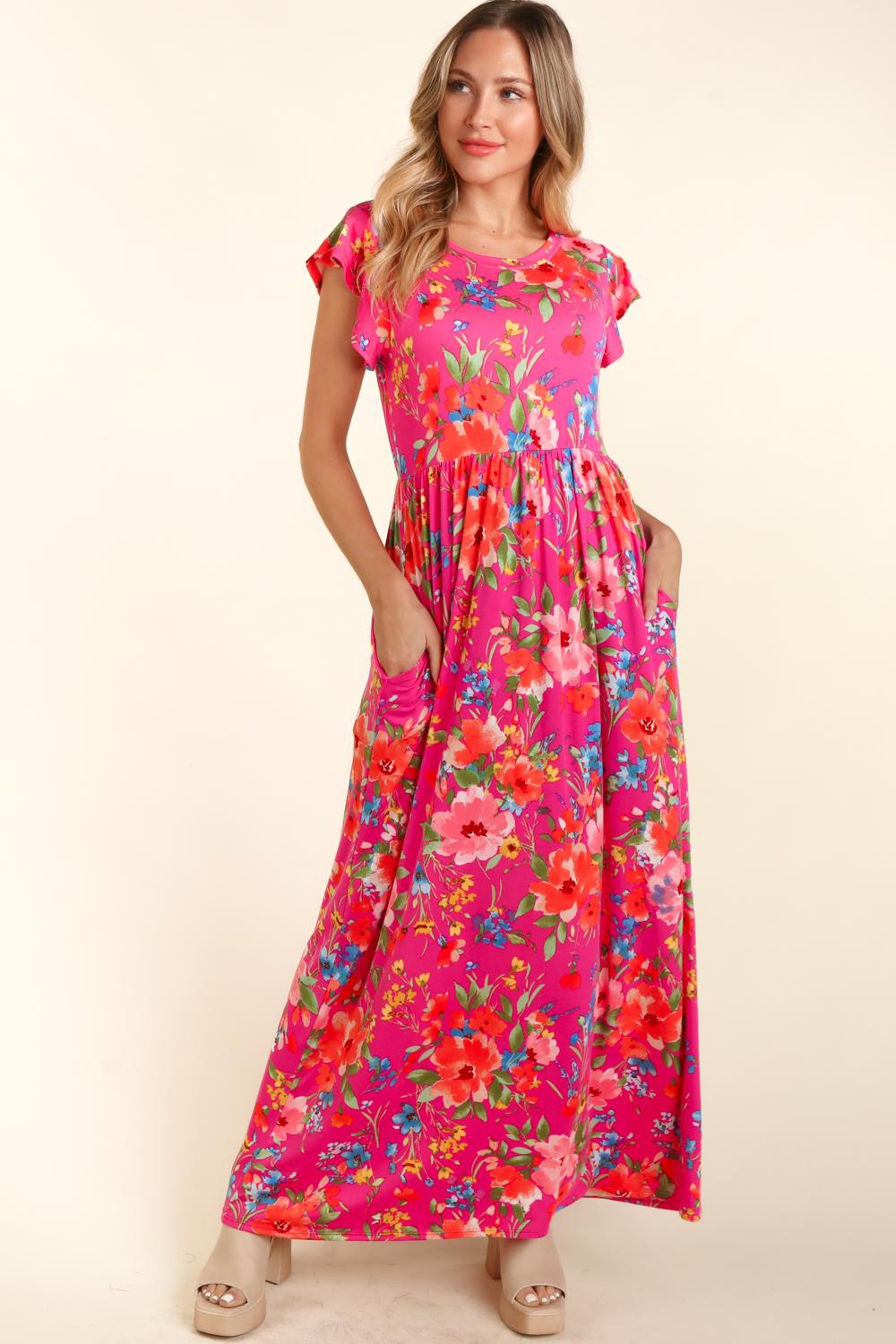 Floral Ruffled Round Neck Cap Sleeve Maxi Dress