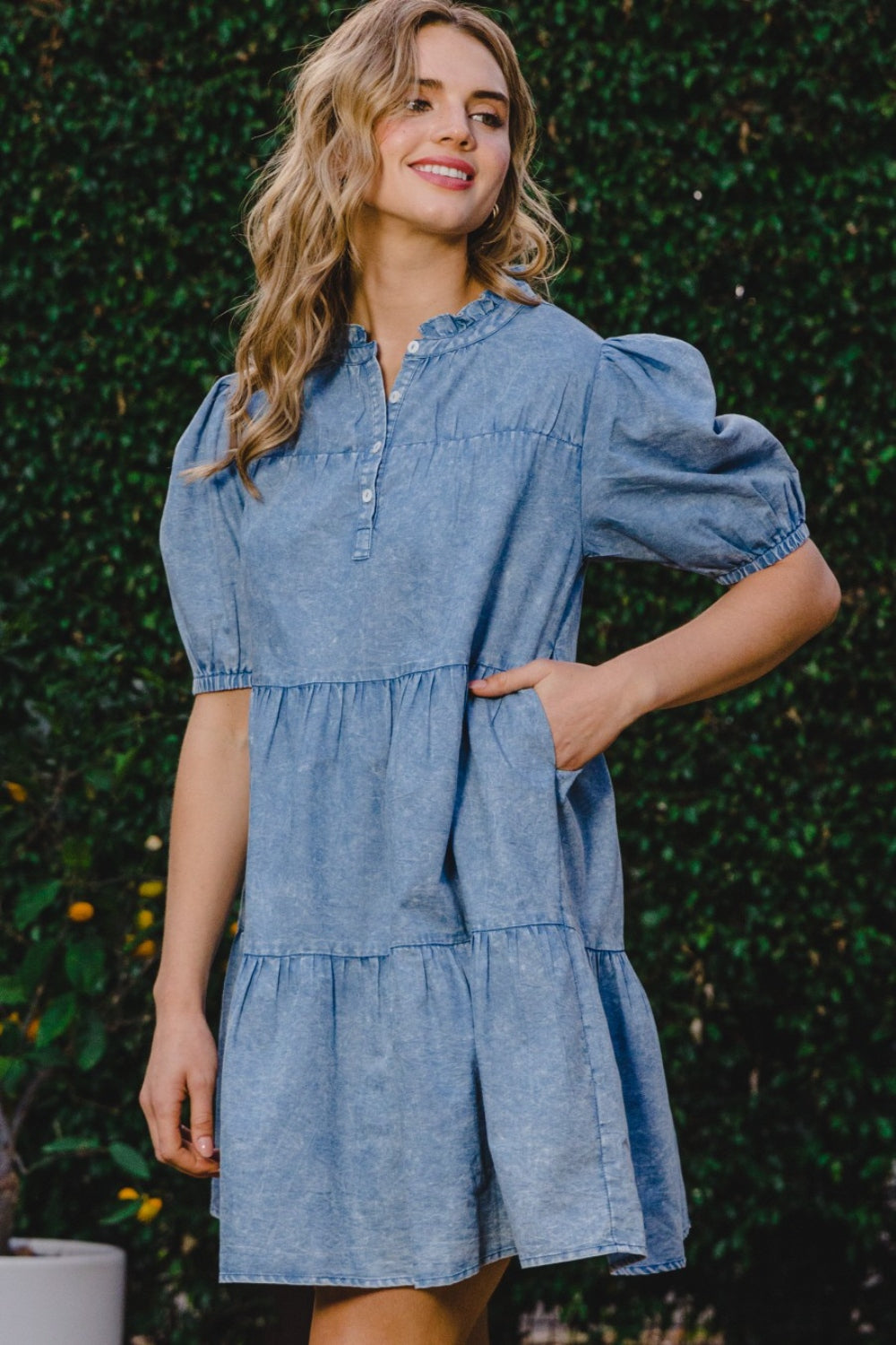 Washed Denim Tiered Short Dress