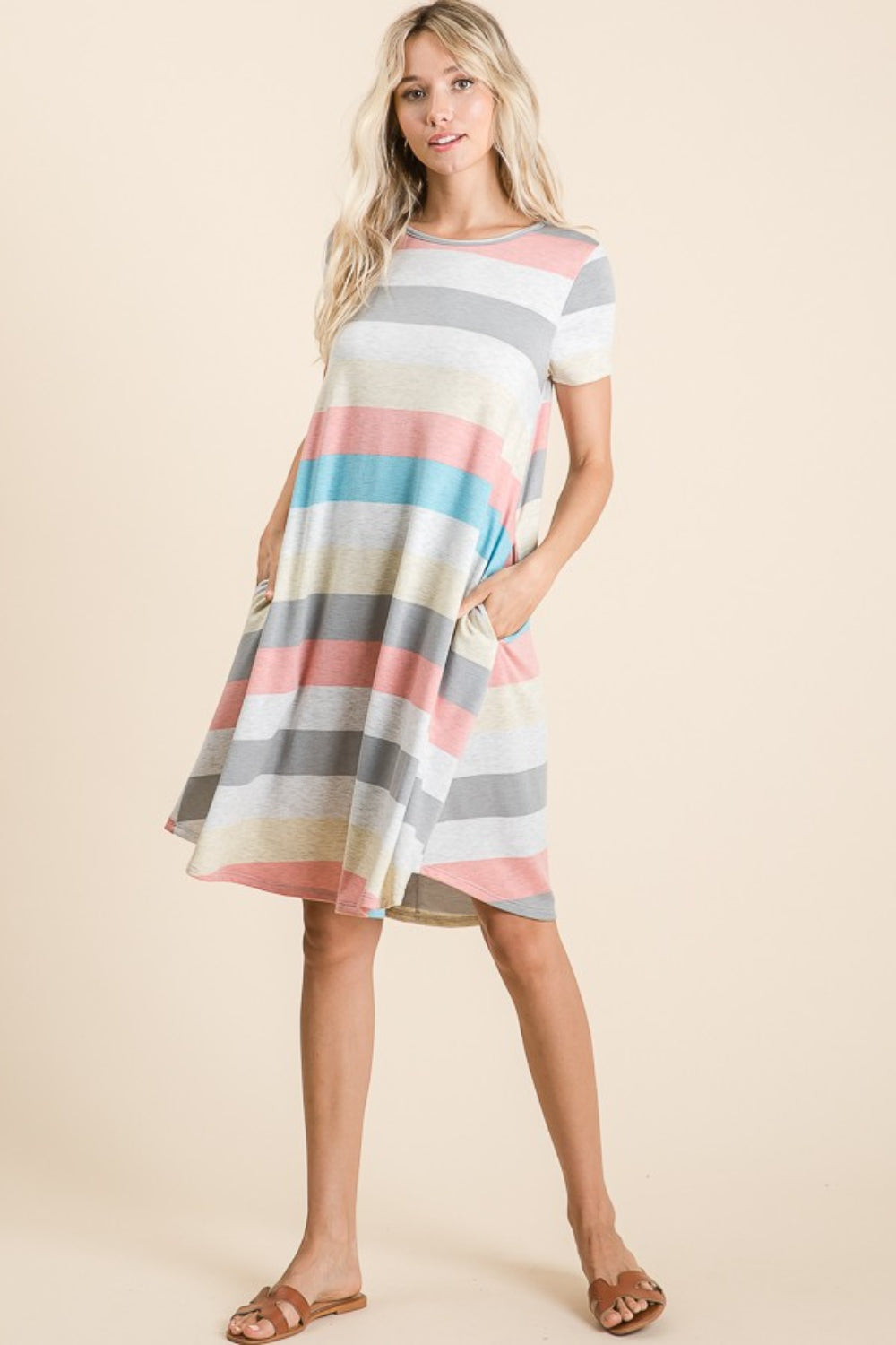 Striped Short Sleeve Dress with Pockets