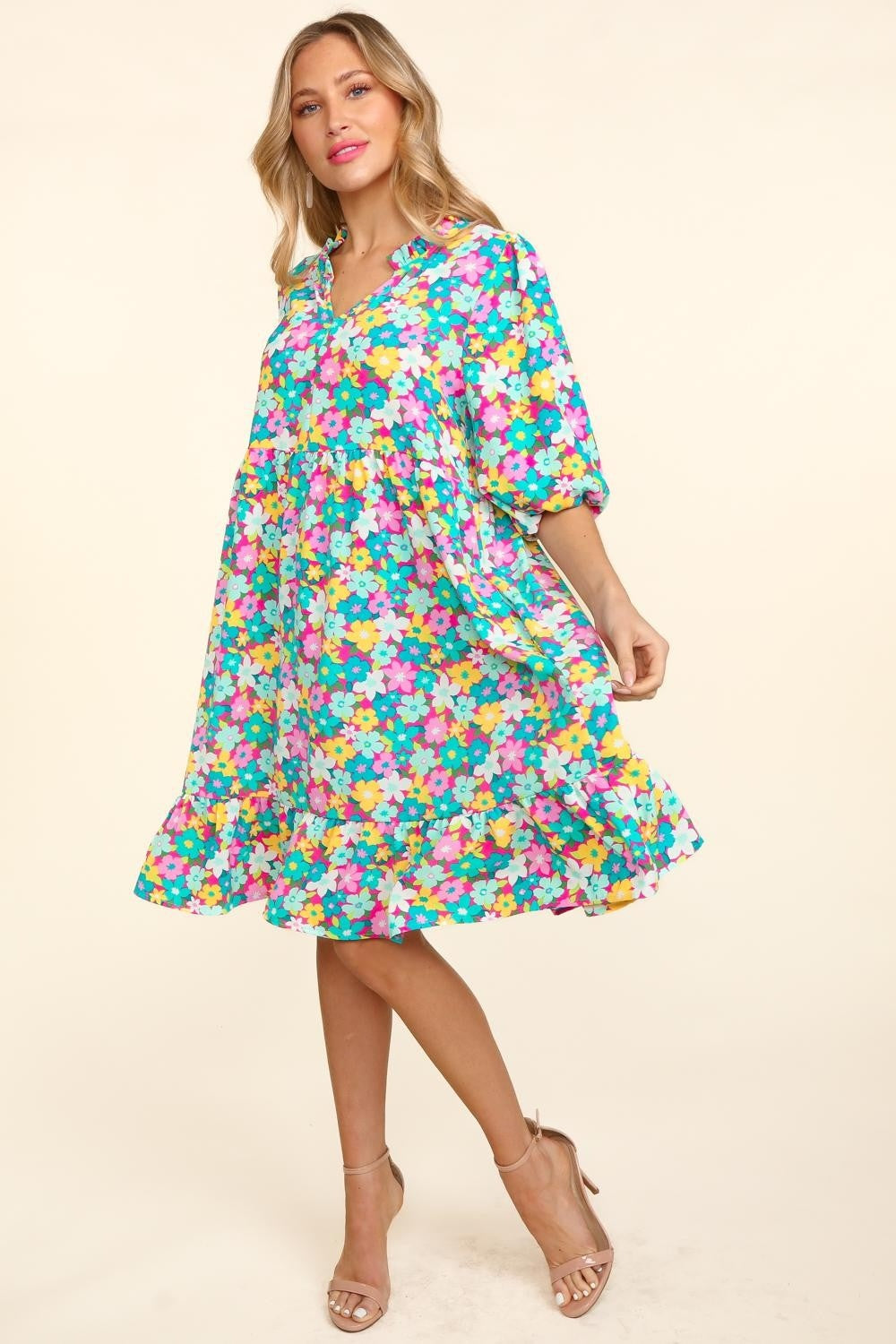 Bubble Sleeve Floral Ruffled Short Dress