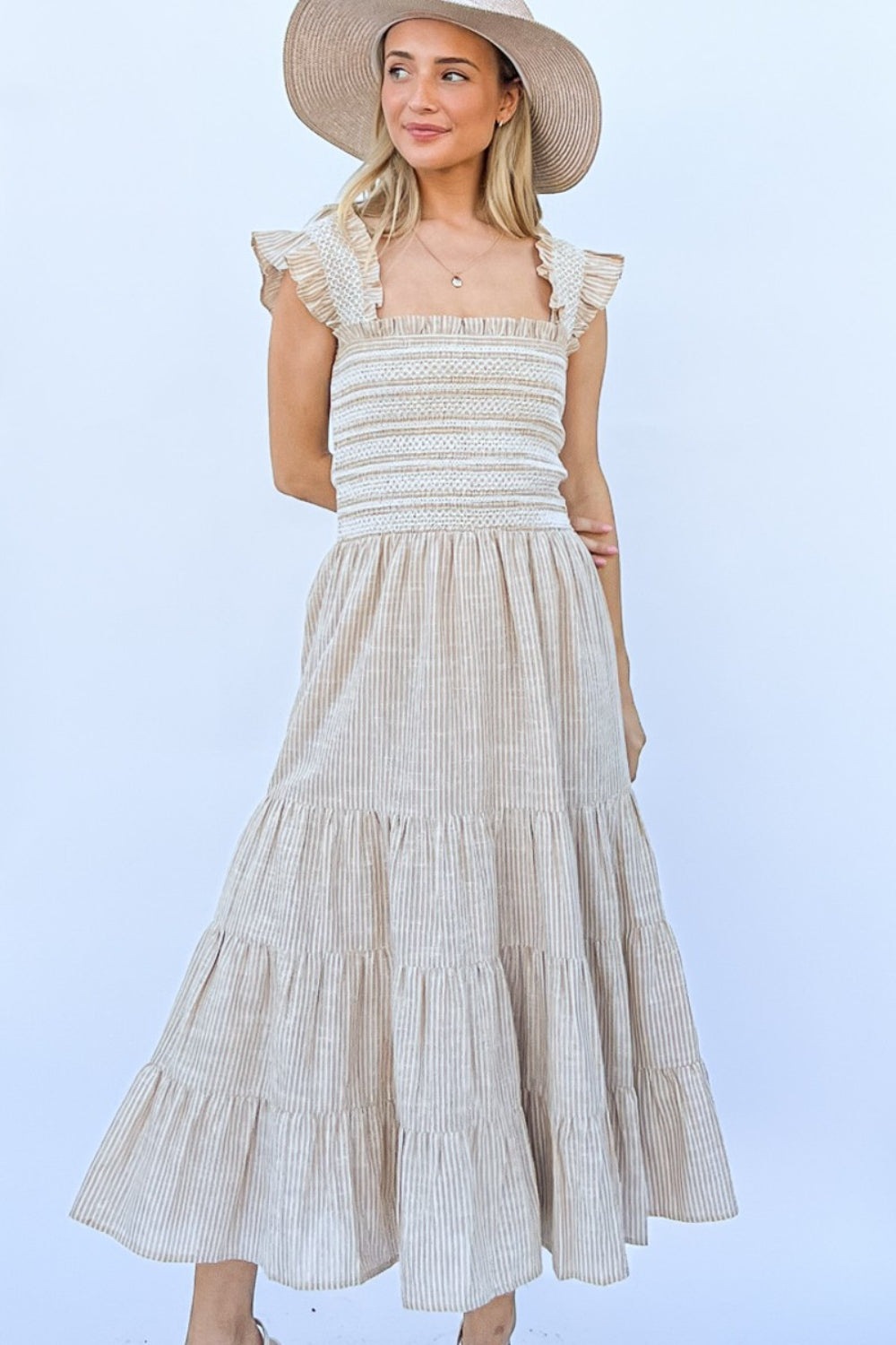 Linen Striped Ruffle Maxi Dress