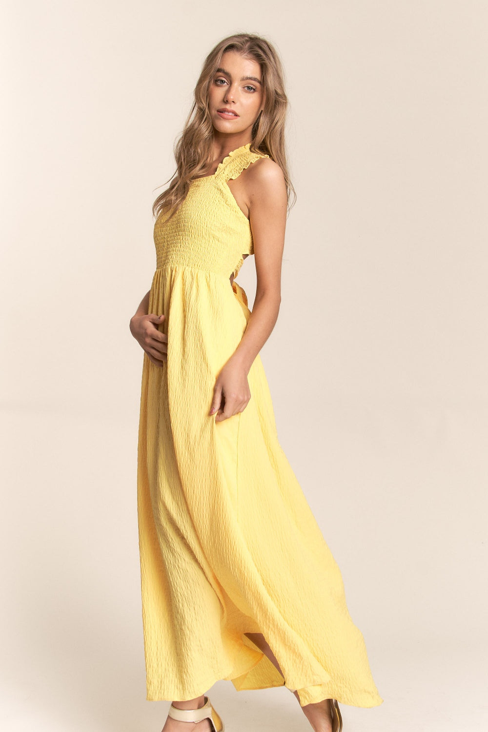 Texture Crisscross Back Tie Smocked Maxi Dress