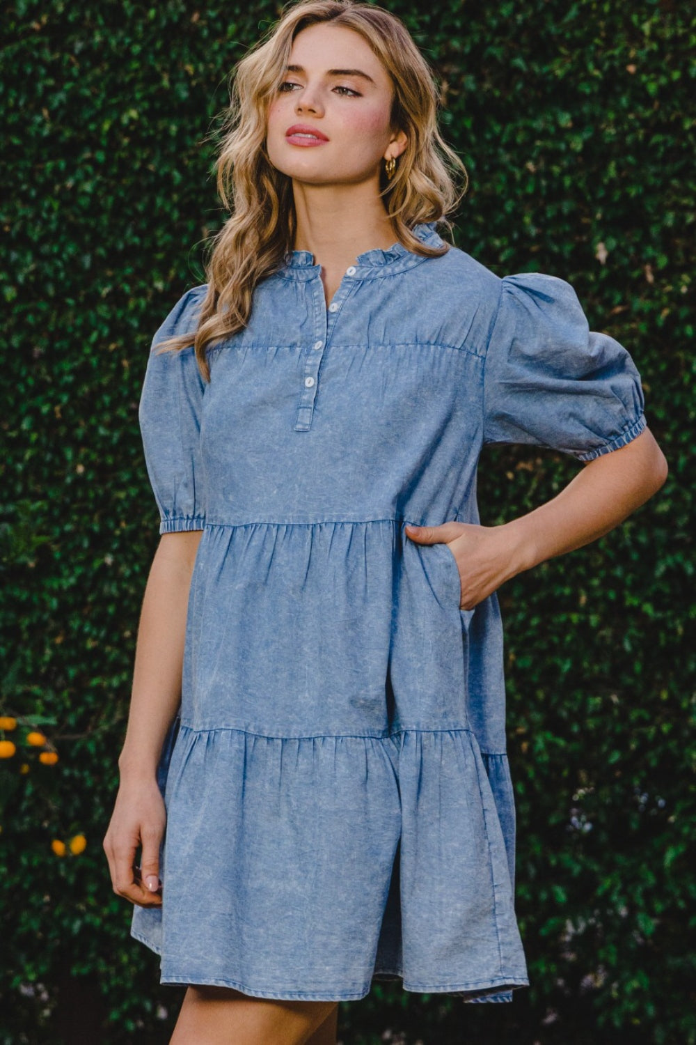 Washed Denim Tiered Short Dress