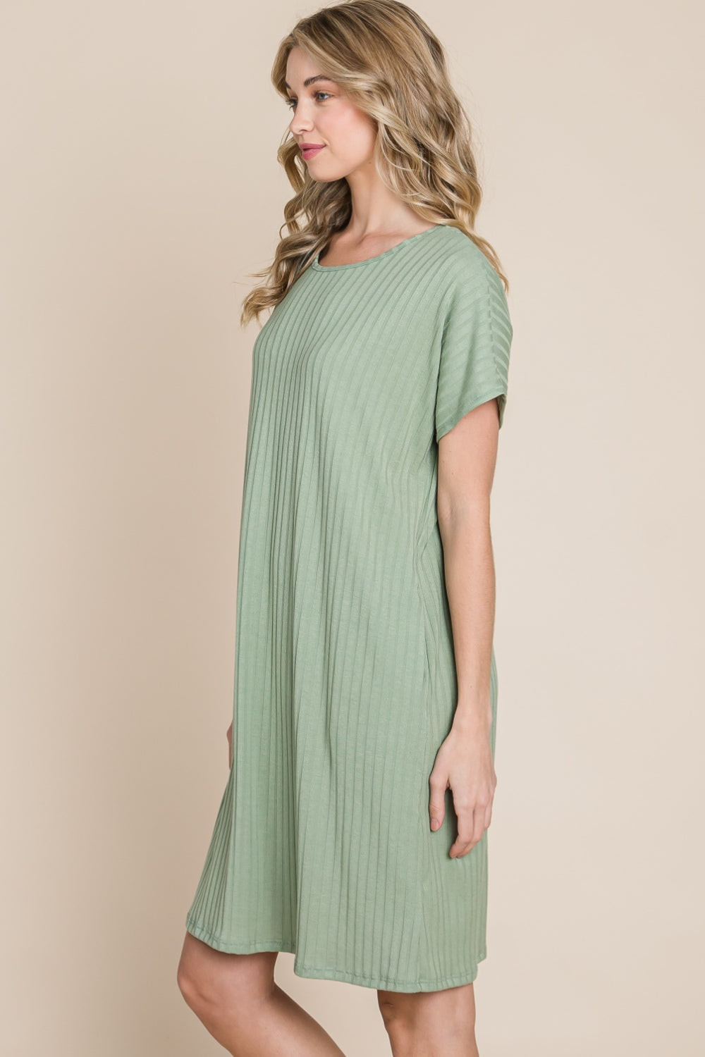 Ribbed Round Neck Short Sleeve Short Dress