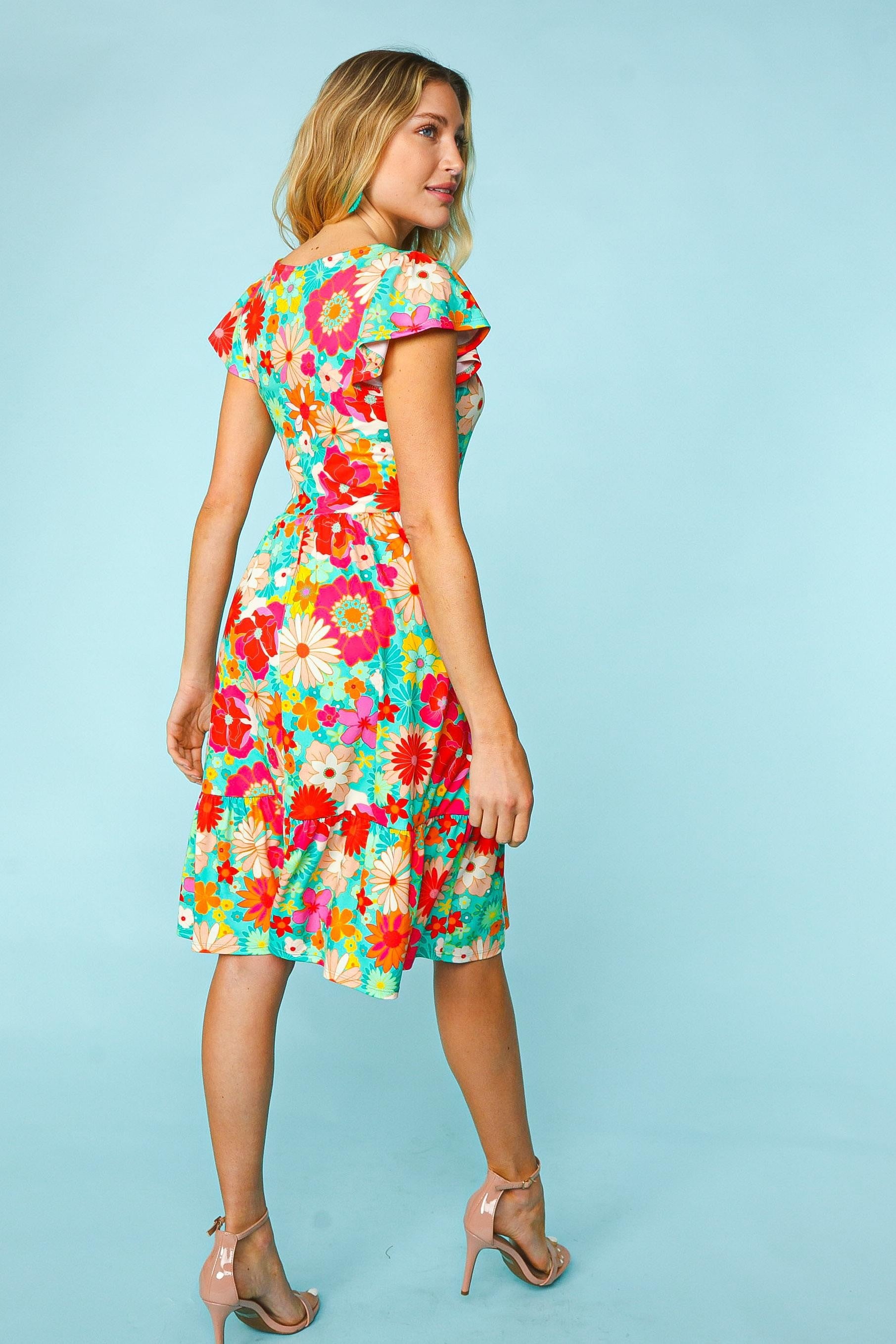 Floral Square Neck Short Sleeve Short Dress