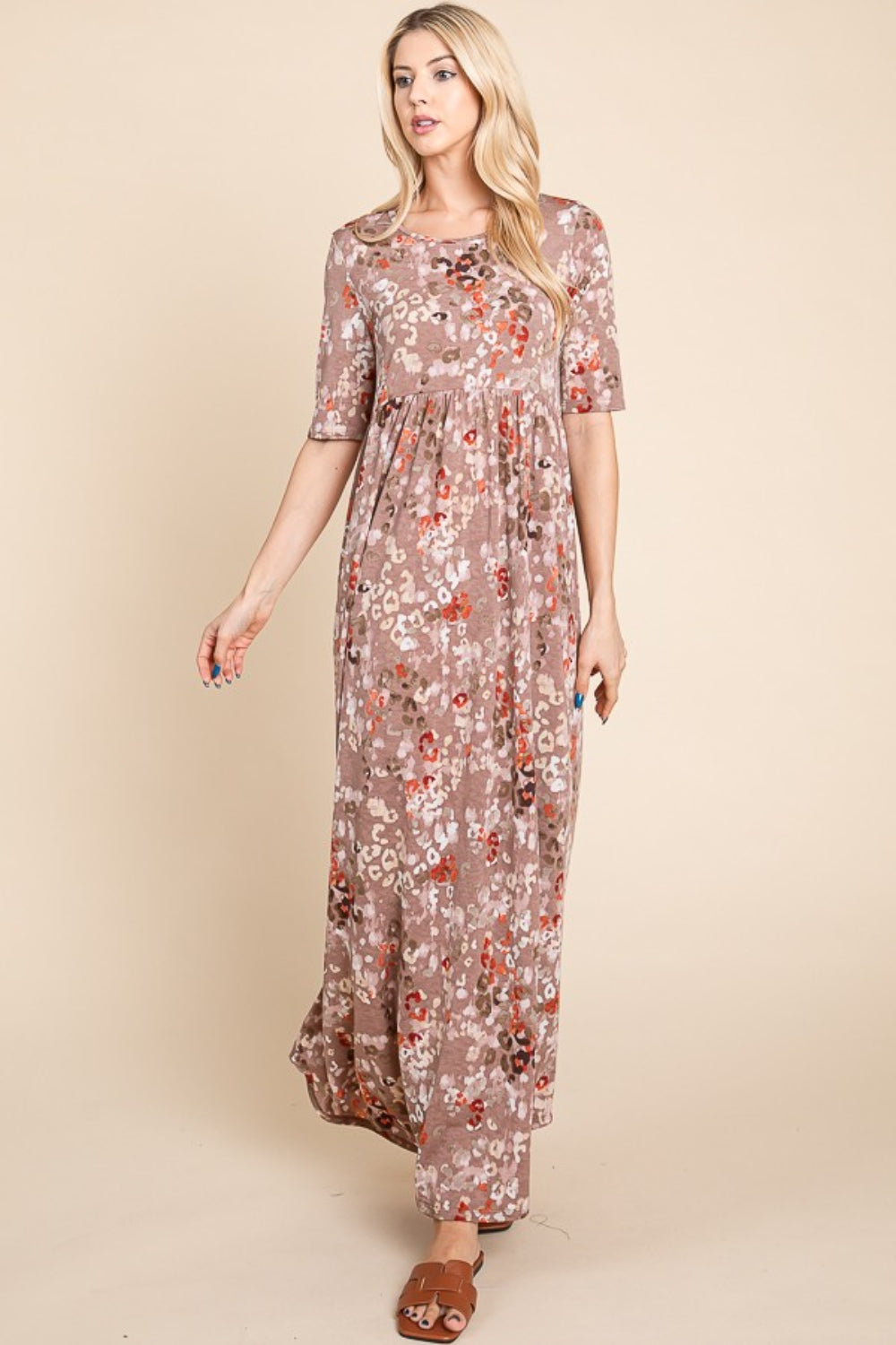 Printed Shirred Maxi Dress Mocha