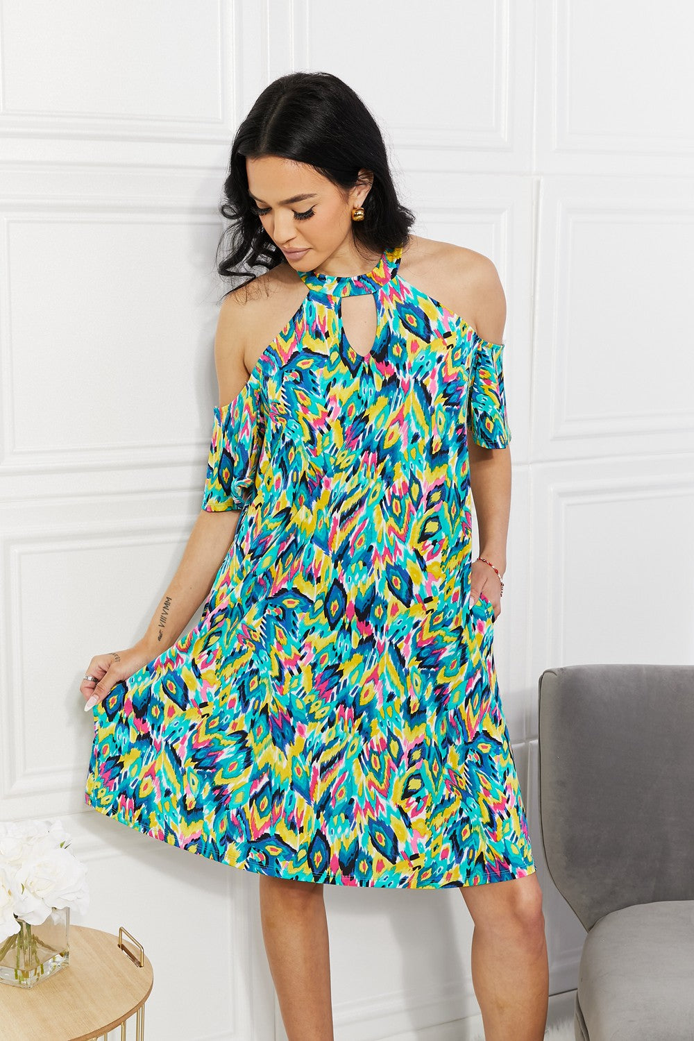 Multicolor Perfect Paradise Printed Cold-Shoulder Short Dress