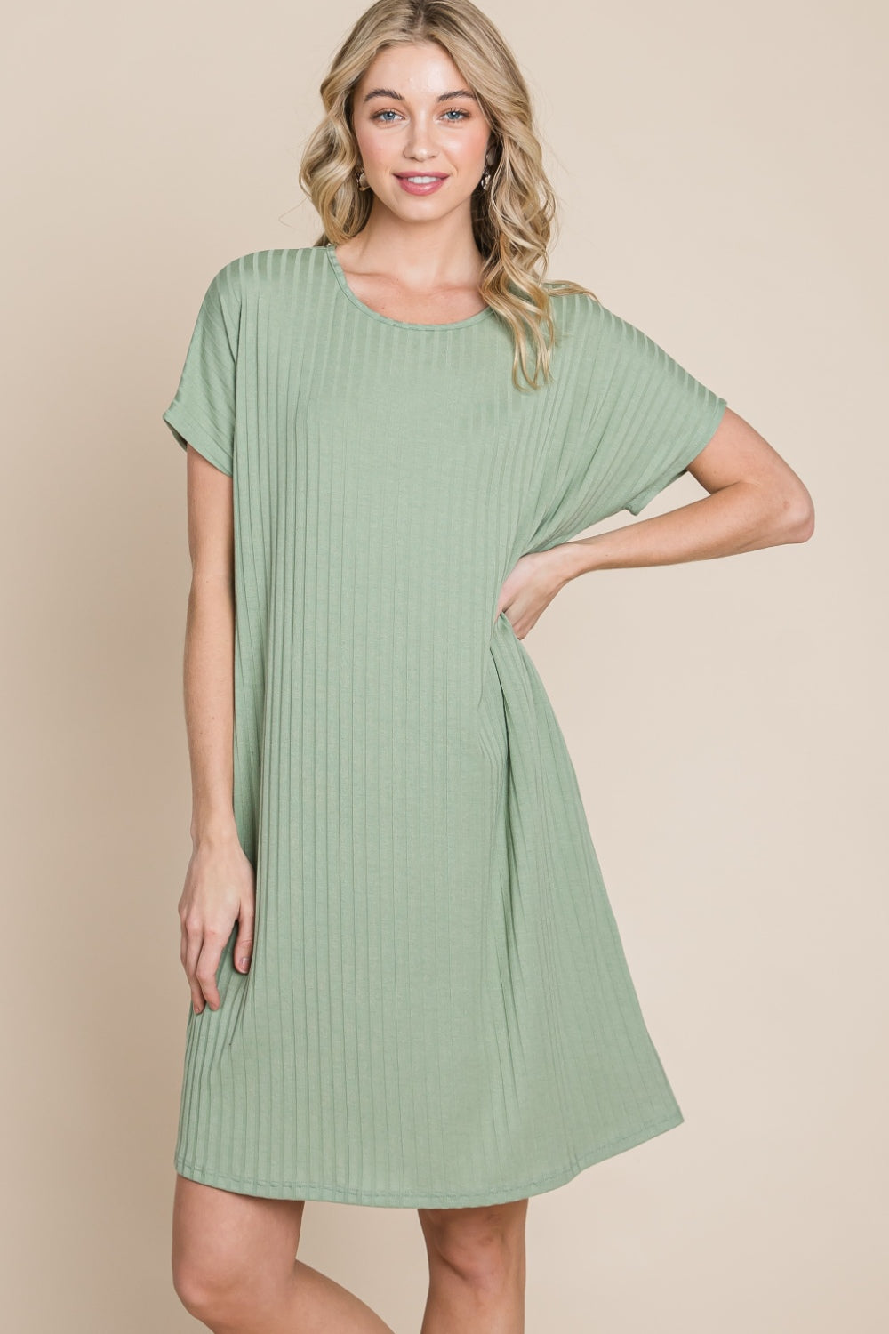 Ribbed Round Neck Short Sleeve Short Dress