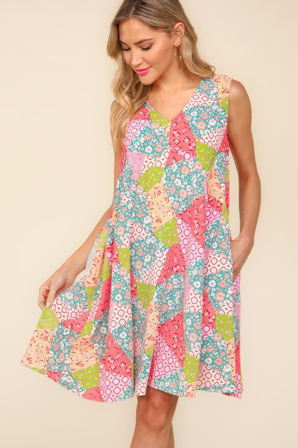 Floral Patchwork Short Dress with Side Pockets