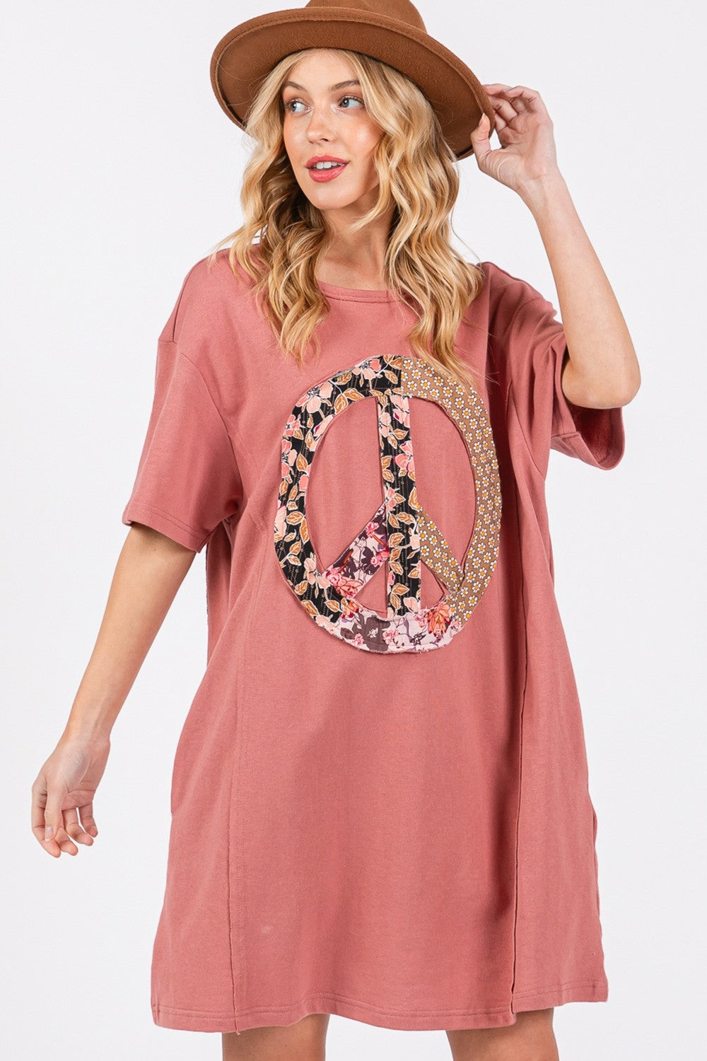 Full Size Peace Sign Applique Short Sleeve Tee Dress