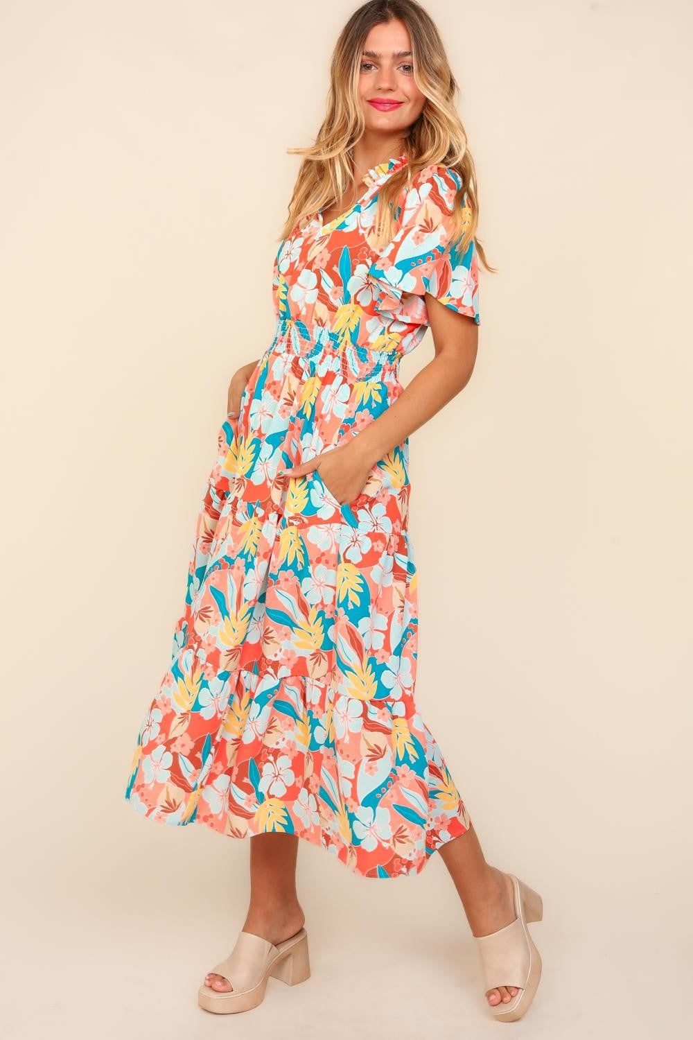 Tropical Floral Tiered Midi Dress with Side Pockets