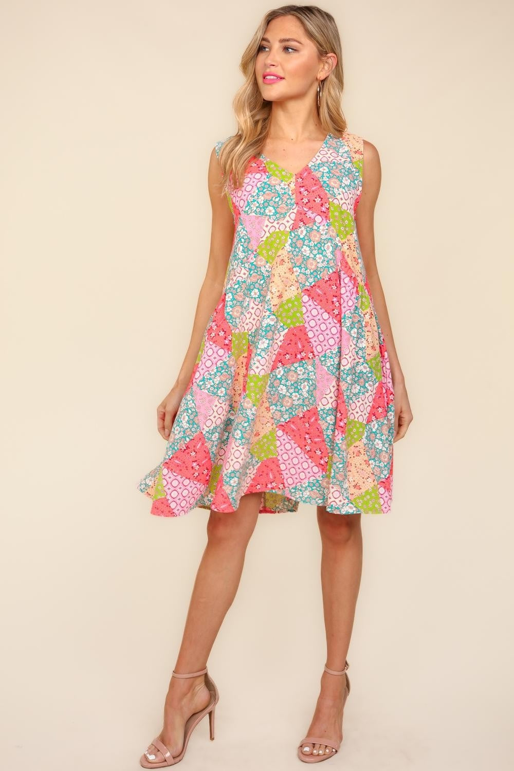 Floral Patchwork Short Dress with Side Pockets