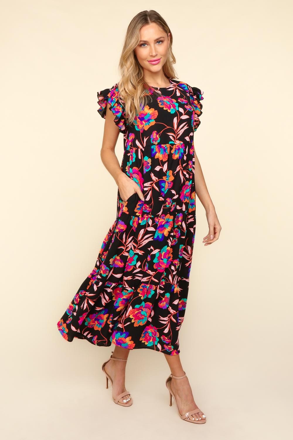 Ruffled Printed Round Neck Cap Sleeve Maxi Dress