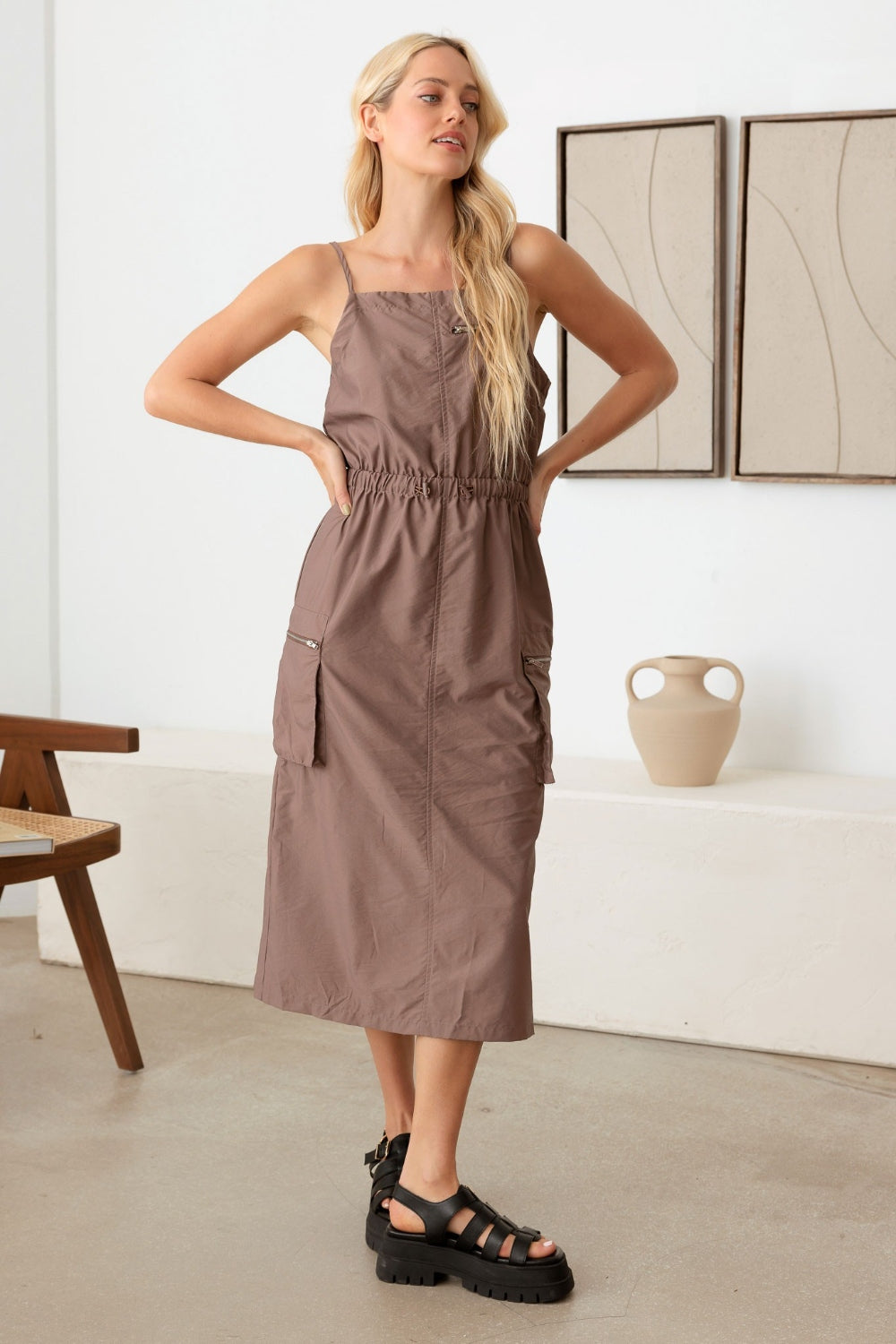 Adjustable Strap Waist Drawstring Cargo Mocha Midi Dress