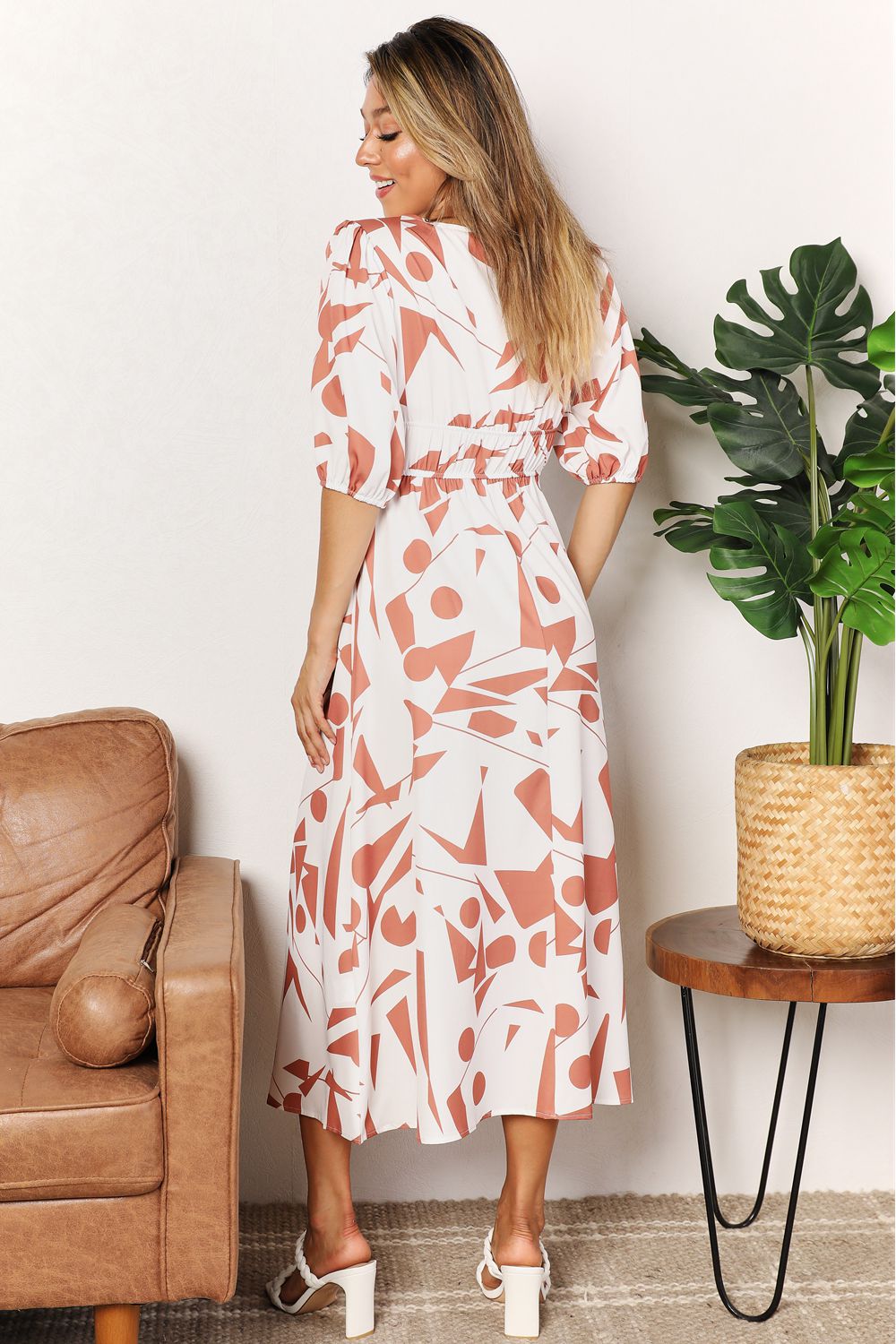 Printed Surplice Balloon Sleeve Maxi Dress