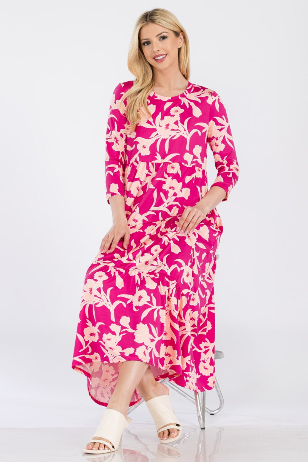 Full Size Floral Round Neck Ruffle Hem Maxi Dress