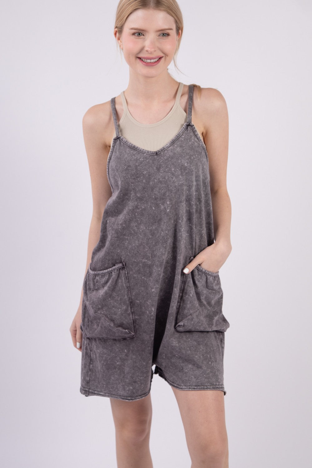 Neck Sleeveless Washed Romper