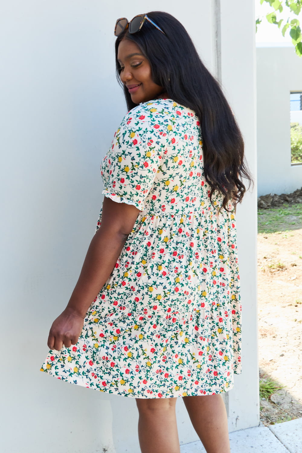 Full Size V-Neck Ruffle Sleeve Floral Short Dress