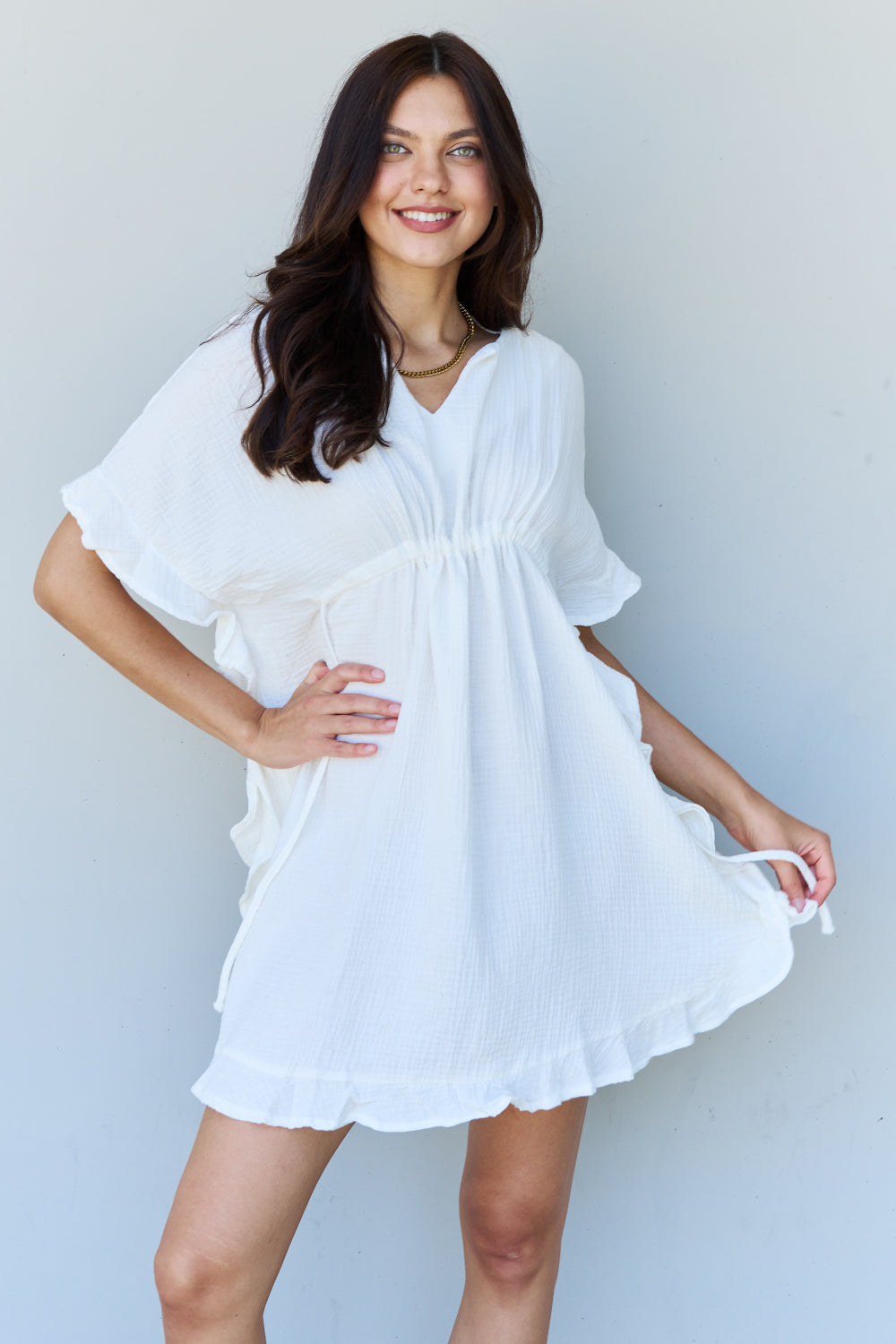 Full Size Ruffle Hem sHORT Dress with Drawstring Waistband in White