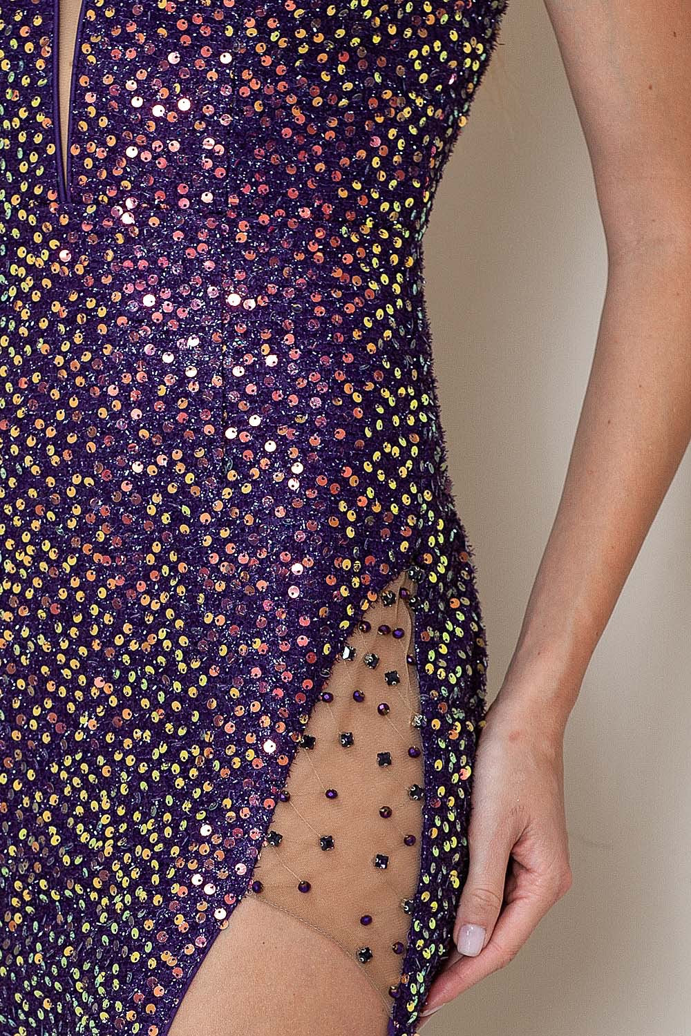 Strapless Rhinestones Side Detail Sequins With Slit Purple Maxi Dress