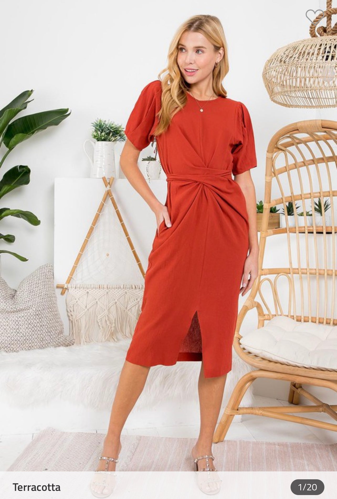 Rust Front Wrap Up And Slit Casual Dress