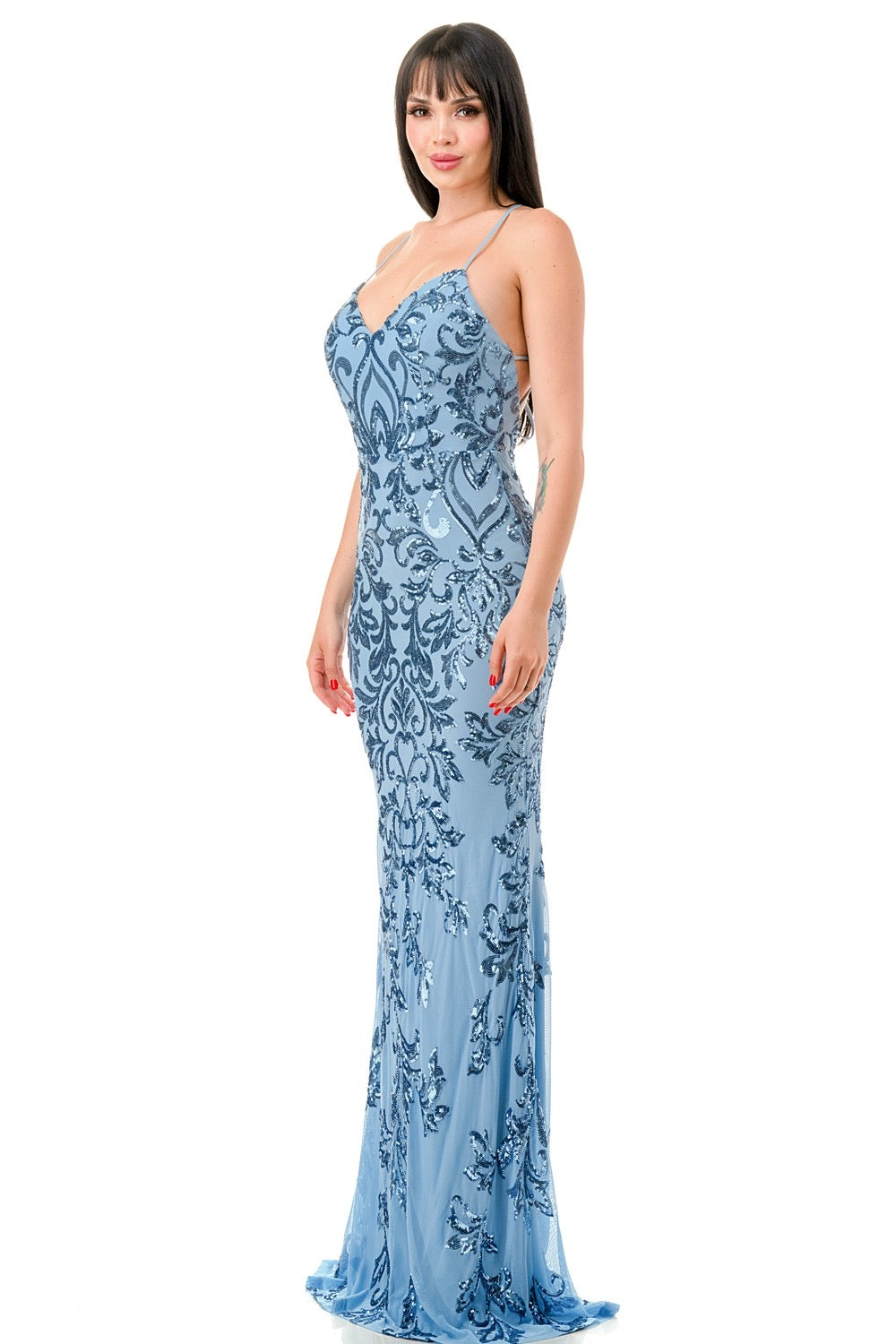 Bay Sequin Embellished Criss Cross Bodycon Blue Maxi Dress