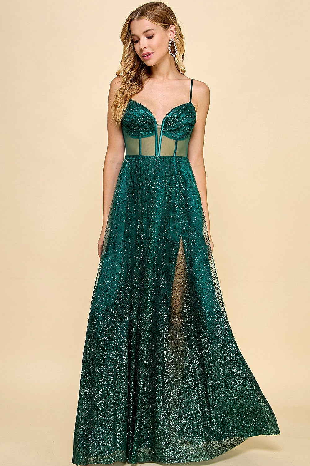 Ombré Glitter Lace Up Back Maxi Emerald Dress