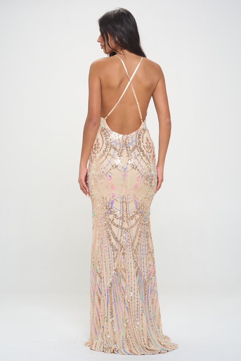 Champagne Multicolor Sequin Adjustable Cross Back With Slit Back Zipper Maxi Dress