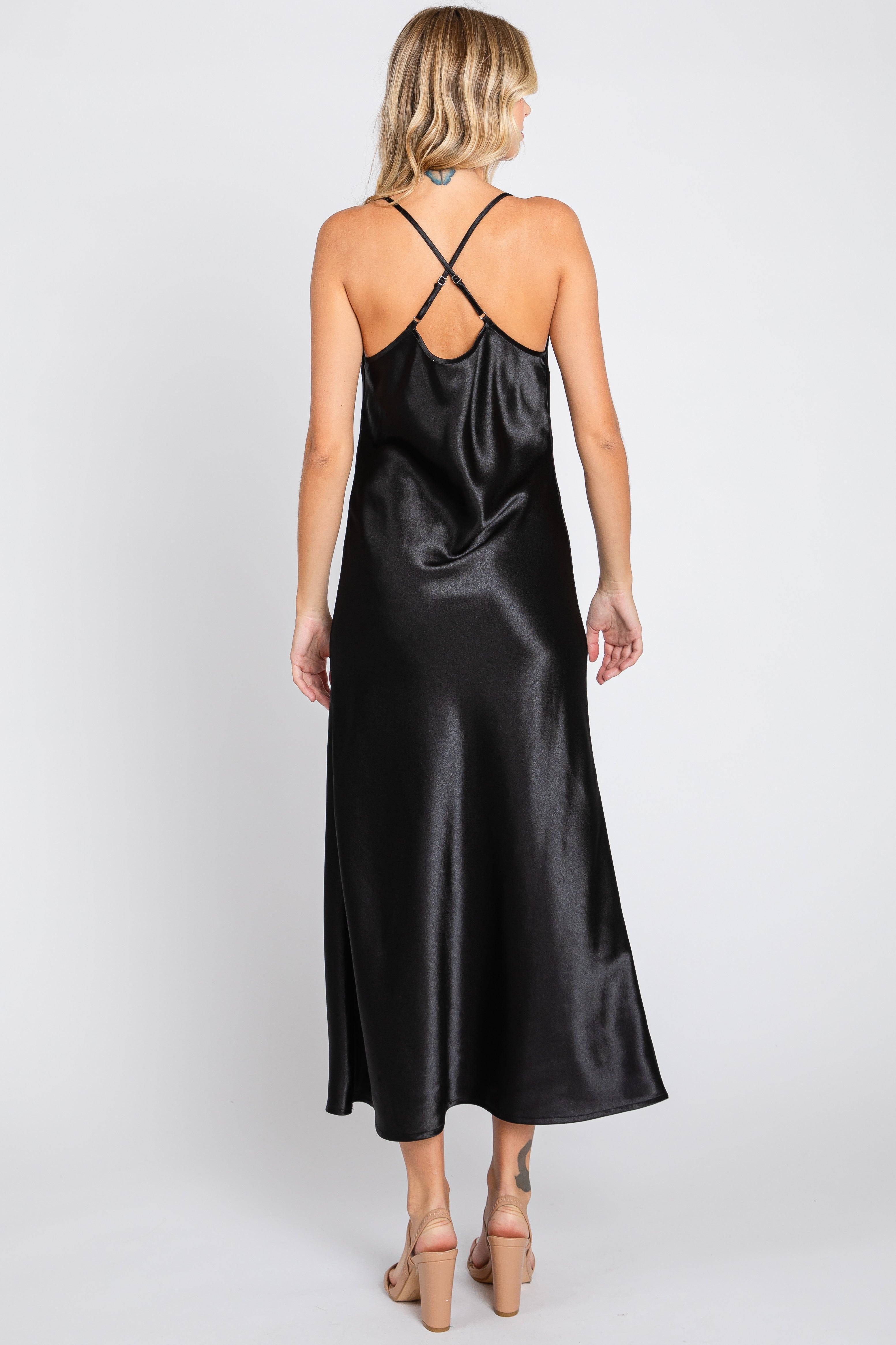 Black Solid Satin Cowl Neck Dress