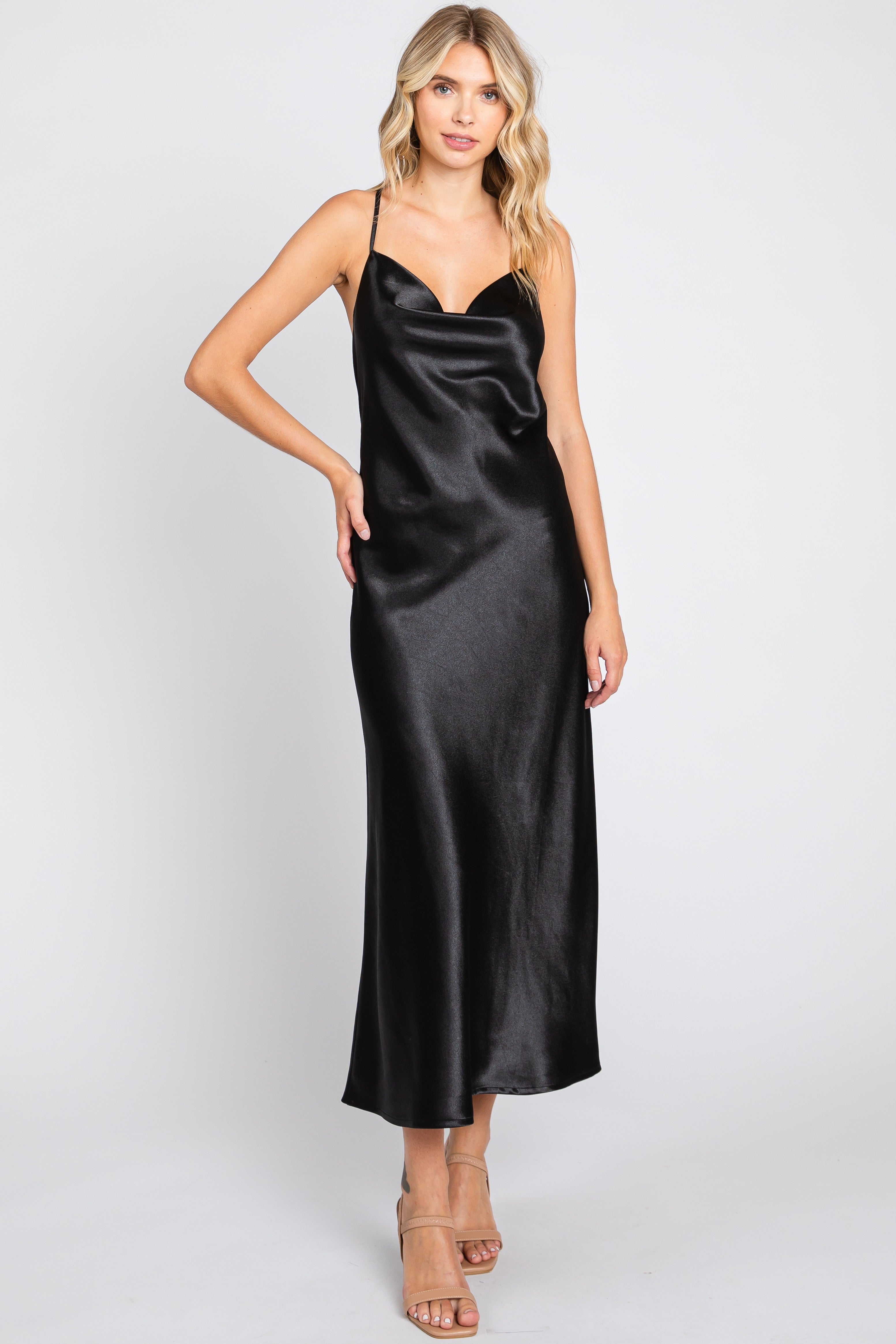 Black Solid Satin Cowl Neck Dress