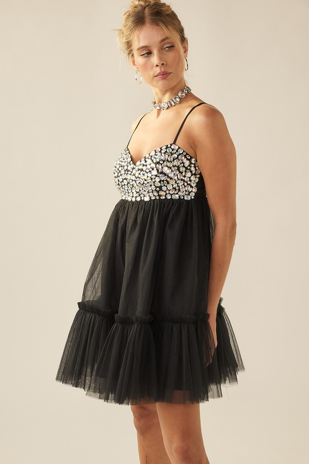 Rhinestones Embellished Tulle Babydoll Dress