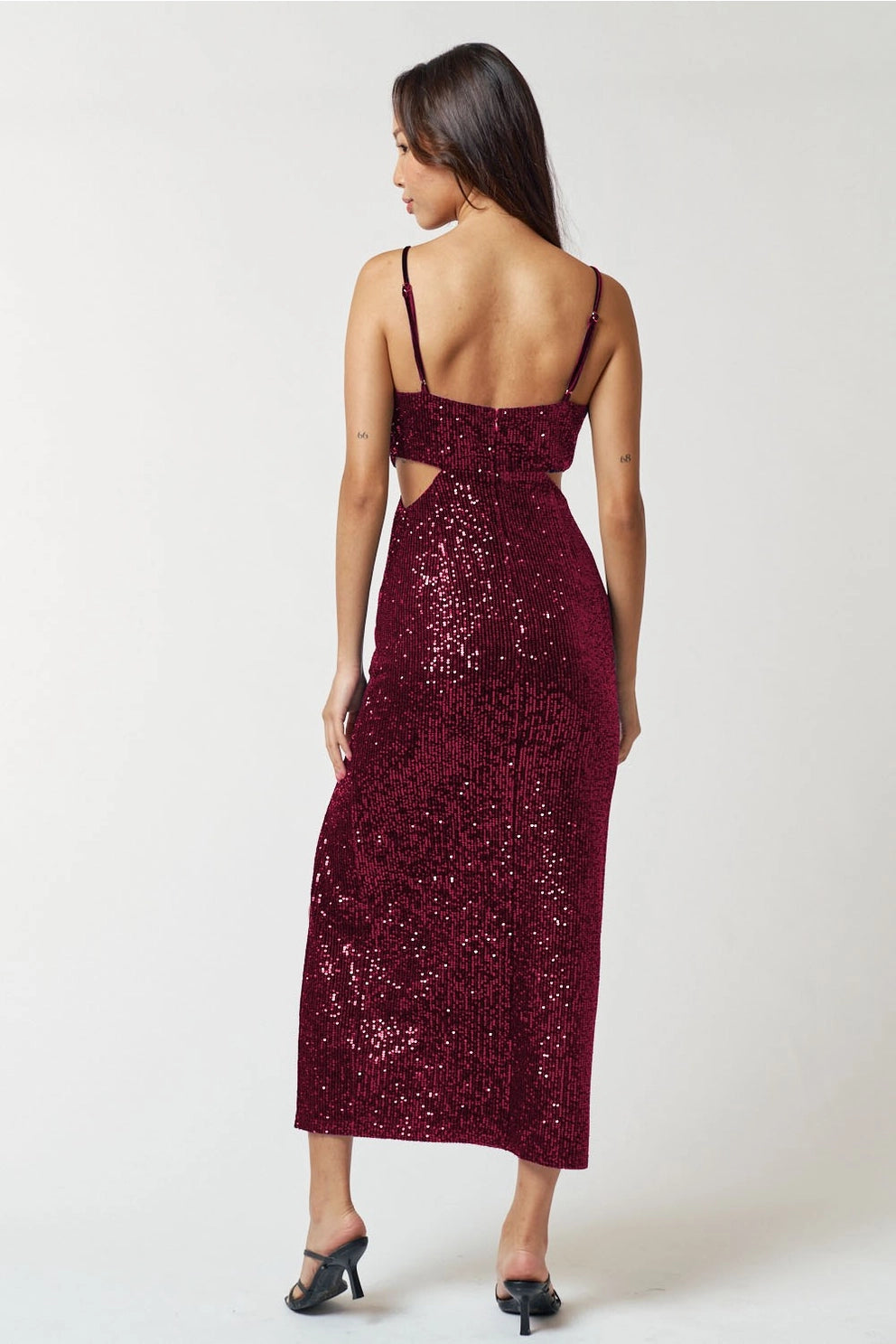 Sequin Holiday Midi Dress With Front Slit And Side Cut Out