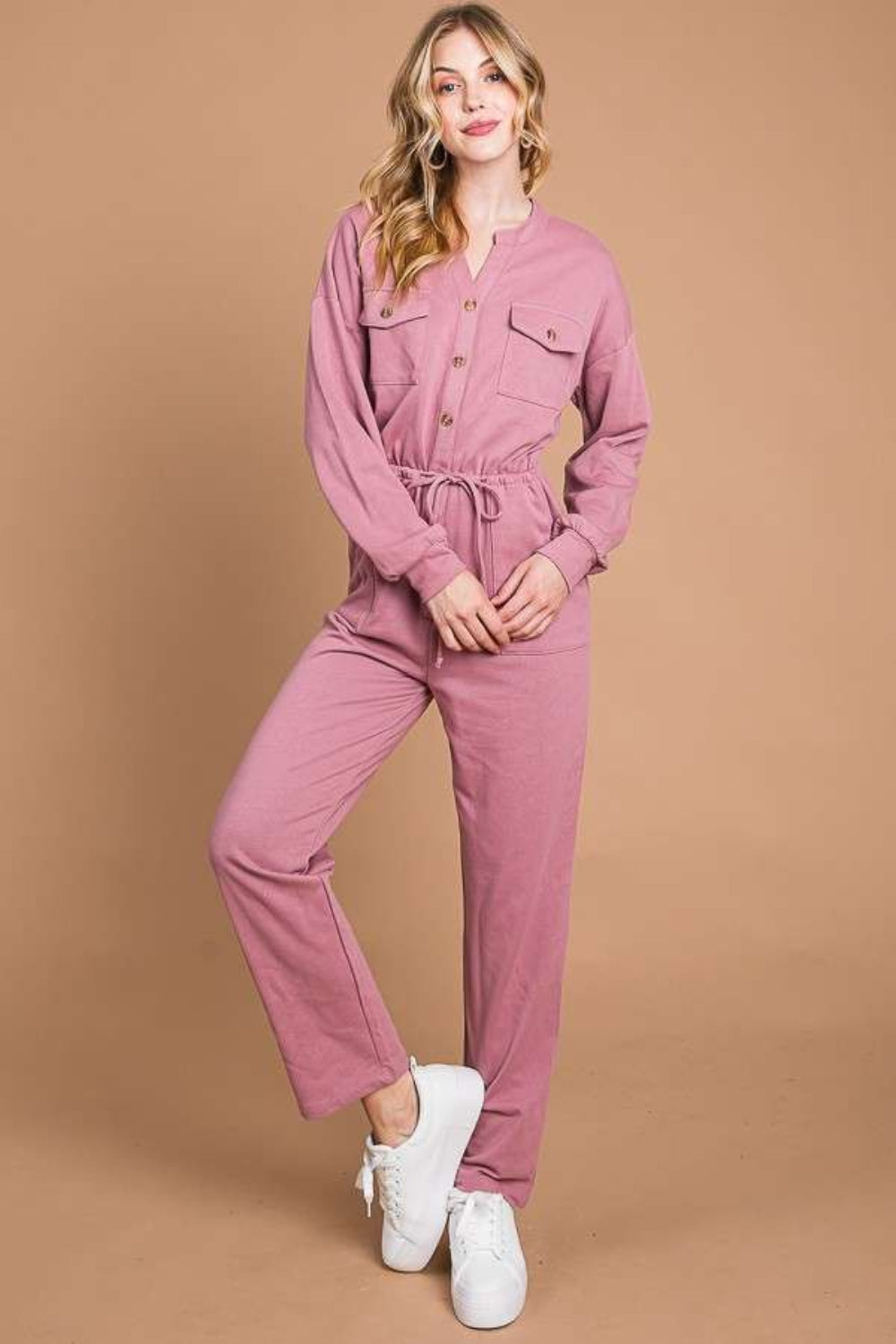 Full Size Button Up Drawstring Waist Straight Jumpsuit