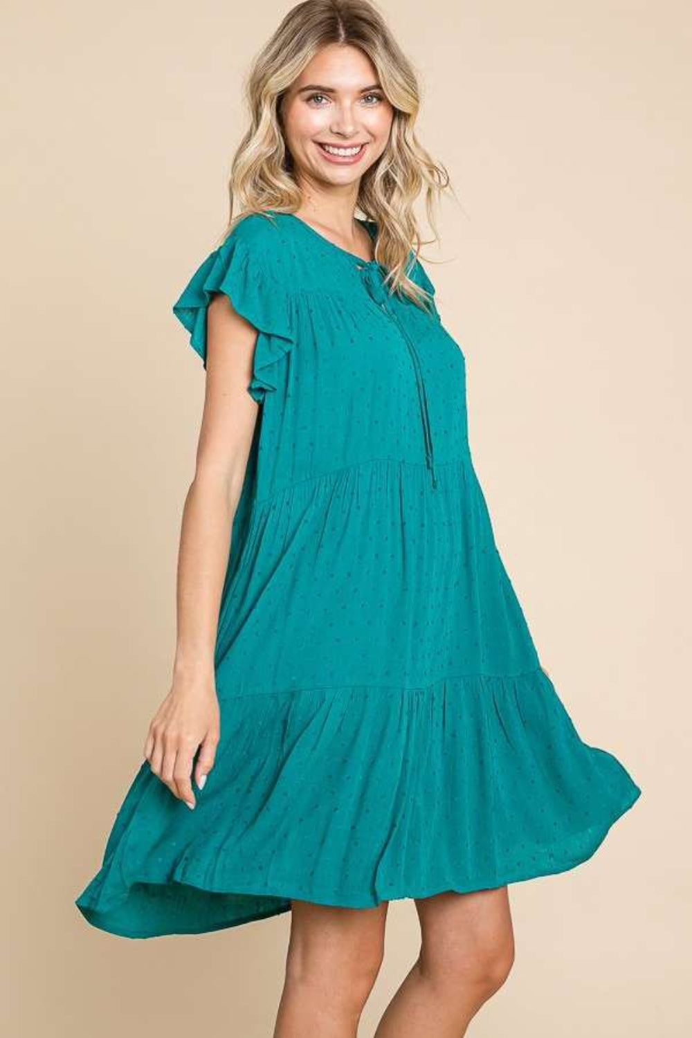 Ruffle Cap Sleeve Lotus Green Short Dress