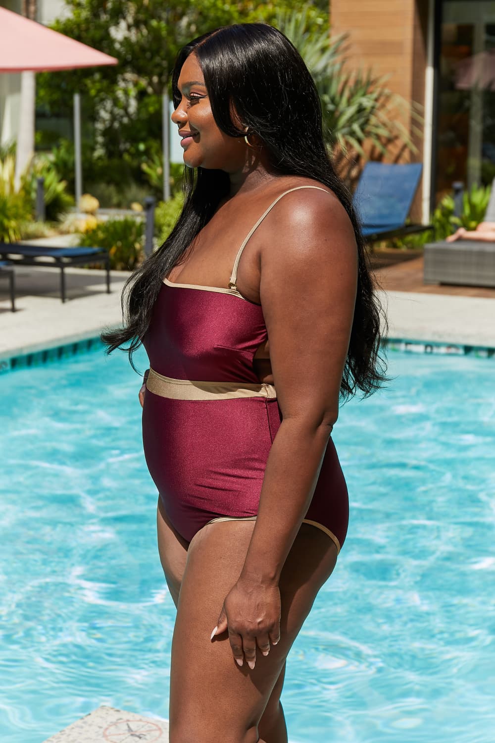 Swim Wave Break Contrast Trim One-Piece in Wine