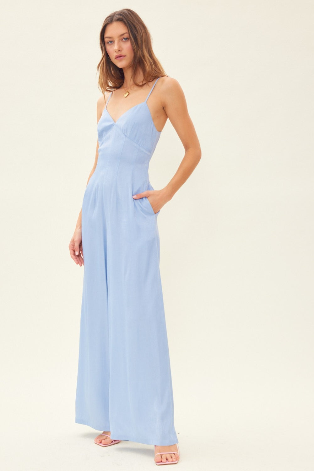 Drawstring Back Sleeveless Wide Leg Jumpsuit