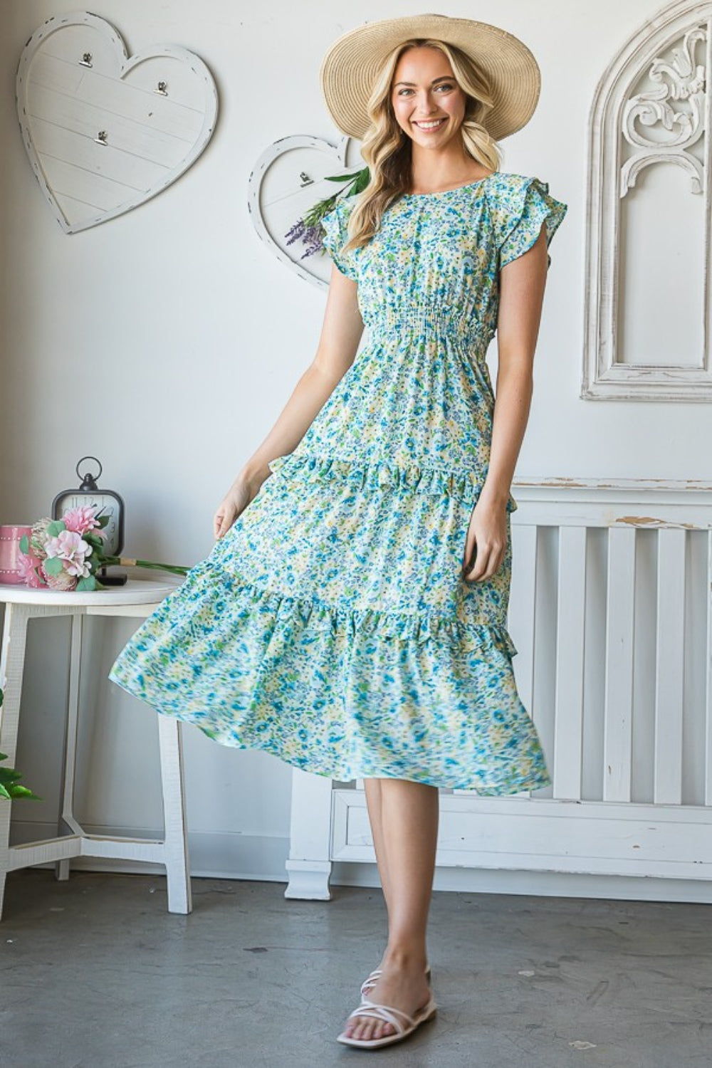 Floral Ruffle Trim Tiered Midi Dress