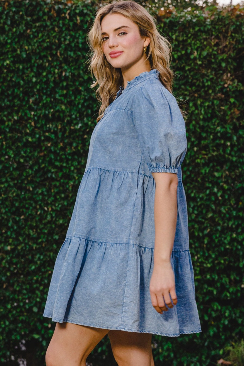 Washed Denim Tiered Short Dress