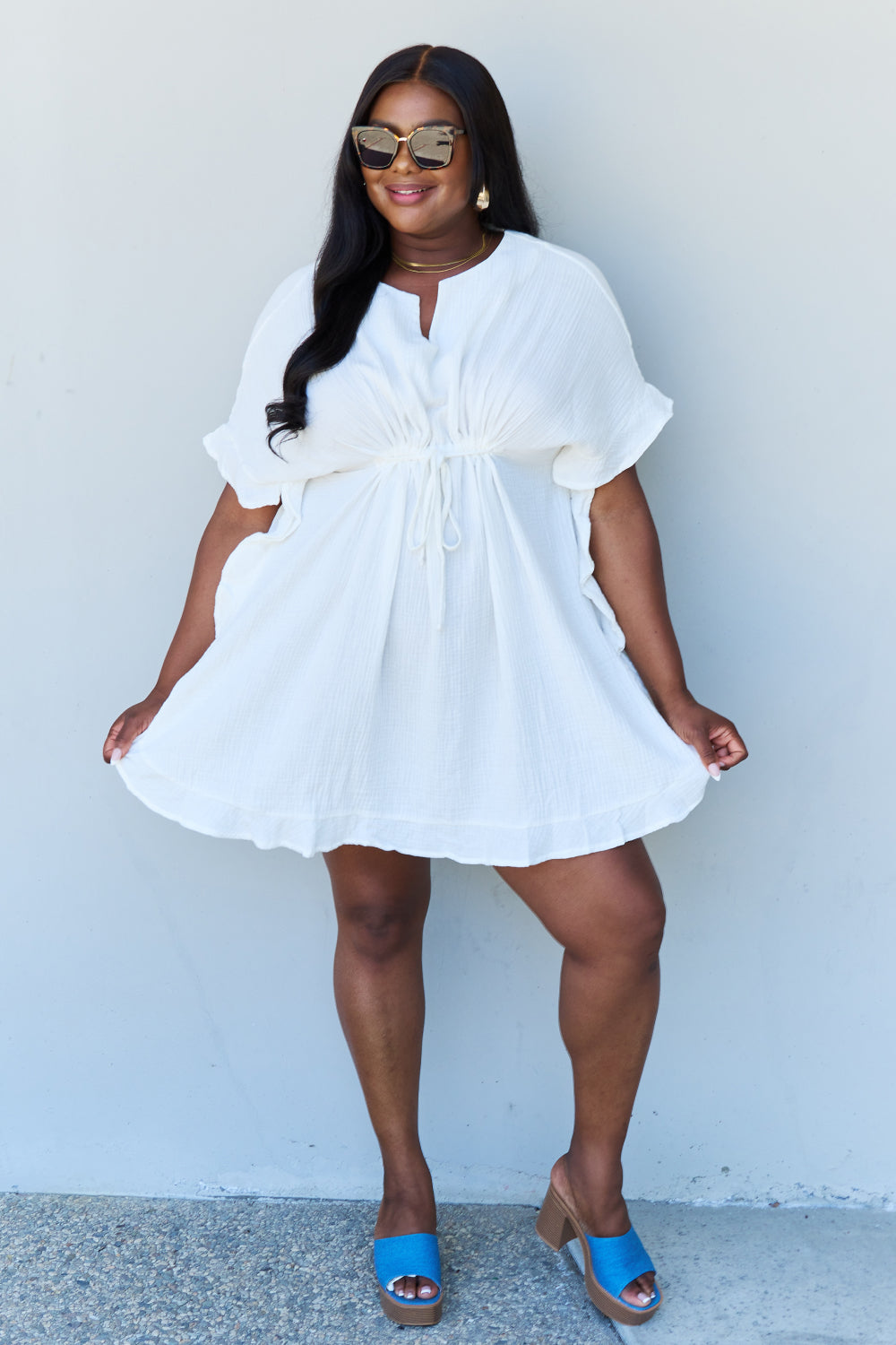 Full Size Ruffle Hem sHORT Dress with Drawstring Waistband in White