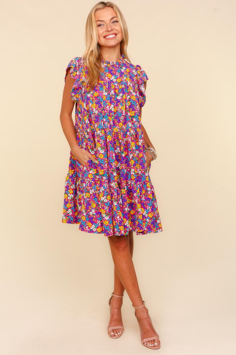 Frilled Mock Neck Ditsy Floral Short Dress