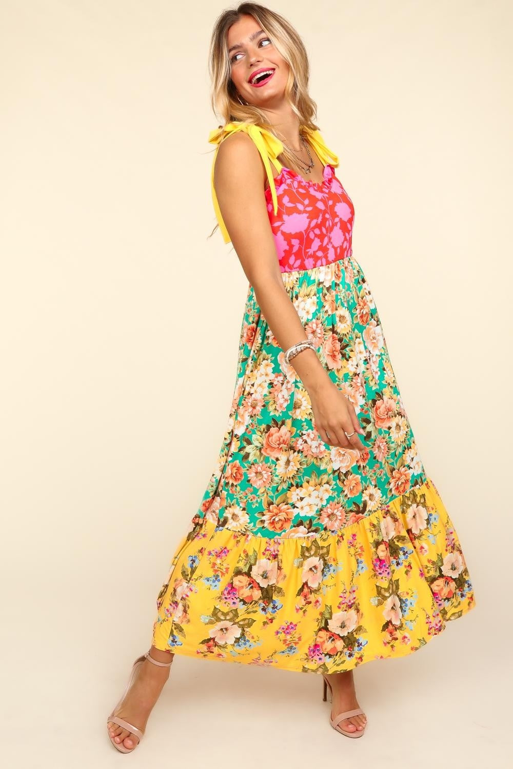 Floral Color Block Trendy Maxi Dress with Pockets