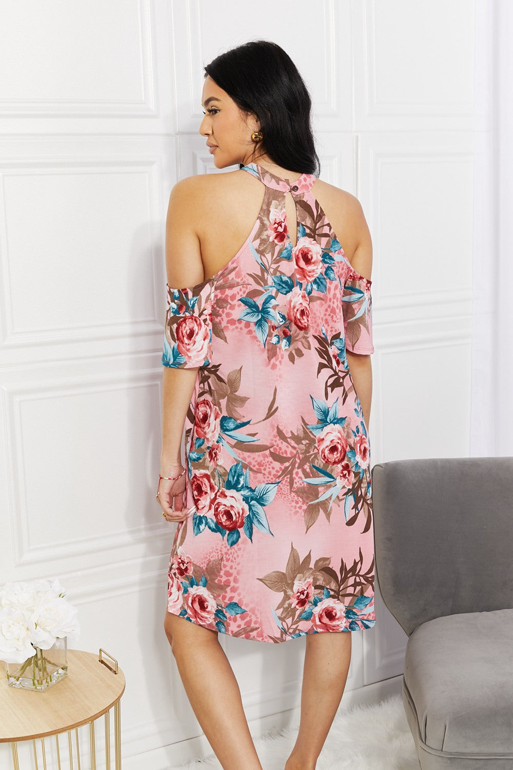 Dusty Pink Fresh-Cut Flowers Cold-Shoulder Short Dress