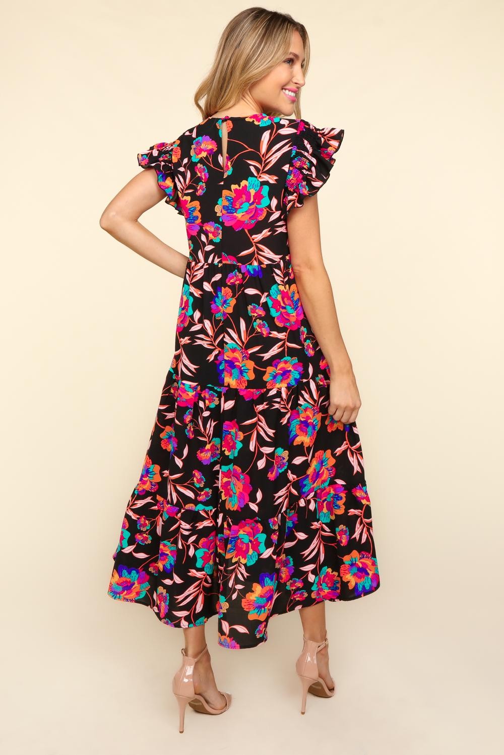 Ruffled Printed Round Neck Cap Sleeve Maxi Dress