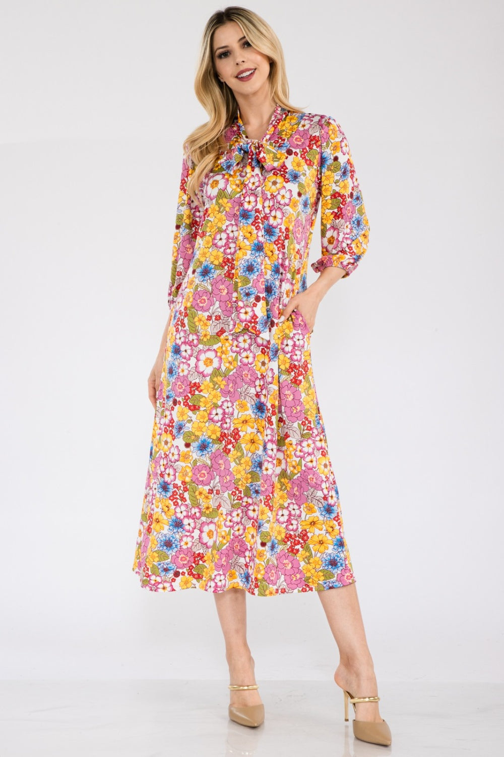 Full Size Floral Midi Dress with Bow Tied